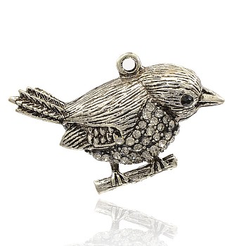 Antique Silver Alloy Crystal Rhinestone Bird Hollow Pendants, 32x53x14mm, Hole: 3mm