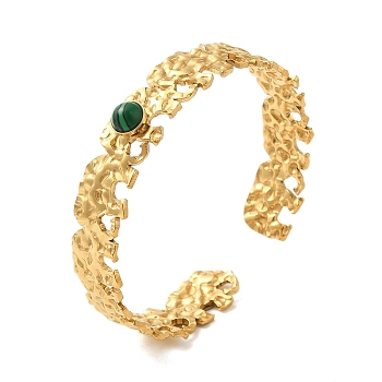 304 Stainless Steel Hollow Open Cuff Bangles, with Synthetic Malachite, Jewely Textured Bangles for Women, Real 18K Gold Plated, None, 1/2 inch(1.2cm), Inner Diameter: 2-1/8 inch(5.3cm)