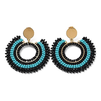 Woven Glass Beaded Donut Dangle Stud Earrings, with Vacuum Plating 304 Stainless Steel Pins, Turquoise, 53x49mm