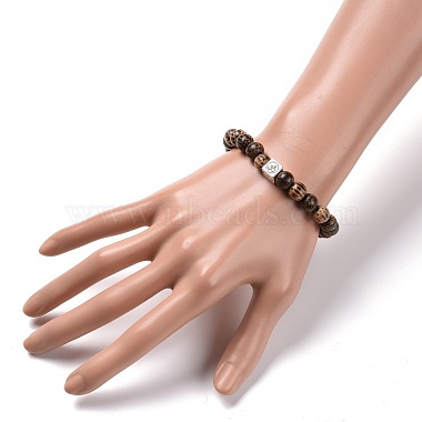 Bracelet extensible perles rondes en bois bodhi naturel ciré(BJEW-JB07099-01)-3