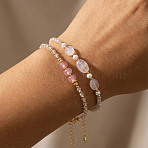 2Pcs Natural Rose Quartz & Glass & Imitation Pearl & Brass Beaded Bracelets for Women, Rondelle & Oval, 6.50 inch(16.5cm)~6.69 inch(17cm)(JV0360-3)