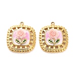 304 Stainless Steel Enamel Pendants, with Resin, Square with Flower Charm, Ion Plating(IP), Real 18K Gold Plated, Pink, 24x20x6mm, Hole: 1.8mm(STAS-B084-10G-03)