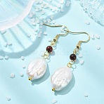 Natural Baroque Keshi Pearl and Natural Amber Dangle Earrings, Nuggets, with 304 Stainless Steel Hooks, Golden, Creamy White, 51x14mm(EJEW-JE07110)