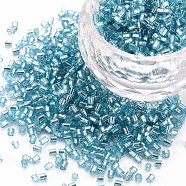 Glass Bugle Beads, Silver Lined, Sky Blue, 1.8~2.2x1.8~2mm, Hole: 0.8~0.9mm, about 15000pcs/pound(SEED-S032-08A-23)