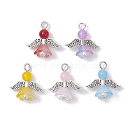 Natural Dyed Malaysia Jade Pendants, Flower Angel Charms with Antique Silver Plated Alloy Wings, Mixed Color, 23x22.5x11mm, Hole: 3mm(PALLOY-JF02661-02)