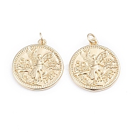 Brass Coin Pendants, with Jump Rings, Long-Lasting Plated, Flat Round & Angel & Word, Real 18K Gold Plated, 23x20.5x2mm, Hole: 3mm(X-ZIRC-I042-03G)