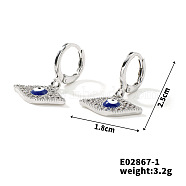 Hip-hop Fashion Copper & Micro Zirconia Hoop Earrings for Women, Rhombus with Evil Eye, Platinum, 25x18mm(BR3298-3)