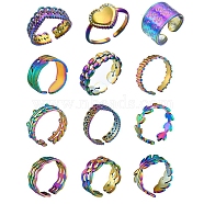 Ion Plating(IP) Adjustable 304 Stainless Steel Cuff Ring, Open Rings for Women, Mixed Shapes, Rainbow Color, US Size 5~10 (15.9~19.5mm)(RJEW-MSMC002-14)