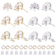 12Pcs 2 Color Brass Pave Clear Cubic Zirconia Flower Stud Earring Findings, with Horizontal Loops & 40Pcs Jump Rings & 50Pcs Plastic Ear Nuts, Platinum & Golden, 15mm, Pin: 0.7mm, 6Pcs/color(DIY-CN0002-80)