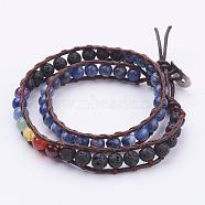 Two Loops Natural Gemstone Wrap Bracelets, with Cowhide Leather Cord and 304 Stainless Steel Sewing Buttons, with Burlap Paking Pouches Drawstring Bags, 15.4 inch(390mm)(BJEW-JB03287)