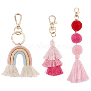 3Pcs 3 Style Rainbow/Pom Pom Tassel Cotton Pendant Decorations, with Alloy Findings, for Women's Bag Keychain Decorations, Mixed Color, 12.5~21.5cm, 1pc/style(KEYC-FG0001-11)