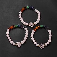 Moon and Star Natural Rose Quartz & Mixed Gemstone Beaded Bracelets for Women, Inner Diameter: 2 inch(5.2cm)(G-G997-B05)
