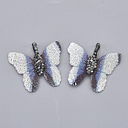 Spray Painted Iron Pendants, Electroplate Natural Leaf, with Polymer Clay Rhinestone, Butterfly, Jet Hematite, Royal Blue, PP11(1.7~1.8mm), 26.5~29.5x30.5~31x4.5~6mm, Hole: 1.5x5mm(IFIN-T013-005F)