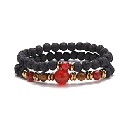 2Pcs 2 Style Synthetic Lava Rock & Natural Red Agate Carnelian(Dyed & Heated) & Tiger Eye Beaded Stretch Bracelets Set, Essential Oil Gemstone Jewelry for Women, Inner Diameter: 2-1/4 inch(5.8cm), 1Pc/style(BJEW-JB08698)