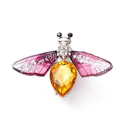 Moth Enamel Pin, Exquisite Insect Alloy Rhinestone Brooch for Women Girl, Platinum, Deep Pink, 32x46x9.5mm, Pin: 0.7mm(JEWB-P012-03B)