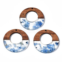 Transparent Resin & Walnut Wood Pendants, with Shell Chips, Two Tone, Donut, Dodger Blue, 38x3mm, Hole: 2mm(RESI-T035-20-A02)