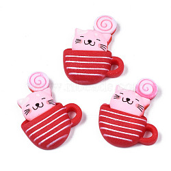 Opaque Resin Cabochons, Rubberized Style, Cat in Cup, FireBrick, 35x27x8mm(CRES-S308-028)