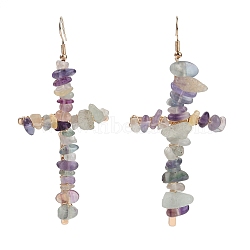 Natural Fluorite Cross Dangle Earrings, with Alloy and Brass Wire Jewelry for Women, Golden, 83x35.5mm(EJEW-Z071-01G-05)