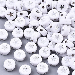 Opaque Acrylic Beads, Flat Round with Star, White, Silver Plated, 7x4mm, Hole: 1.5mm(X-PACR-N006-006A-01B)