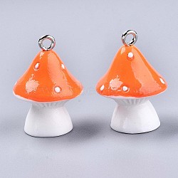 Opaque Resin Pendants, with Platinum Tone Iron Loops, Mushroom with Polka Dots, Orange Red, 23~24x17mm, Hole: 2mm(X-RESI-T028-69G)
