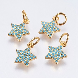 Brass Micro Pave Cubic Zirconia Charms, Cadmium Free & Lead Free, Star, Real 18K Gold Plated, 11x8.5x1mm, Hole: 3mm(RB-I077-21G-RS)