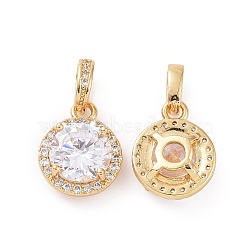 Real 18K Gold Plated Brass Micro Pave Clear Cubic Zirconia Pendants, Flat Round Charms, Clear, 13x11x5mm, Hole: 3x2.5mm(KK-E068-VC435)