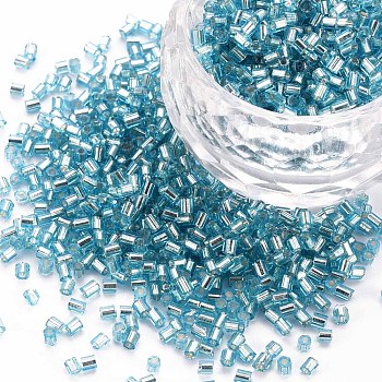 Glass Bugle Beads, Silver Lined, Sky Blue, 1.8~2.2x1.8~2mm, Hole: 0.8~0.9mm, about 15000pcs/pound