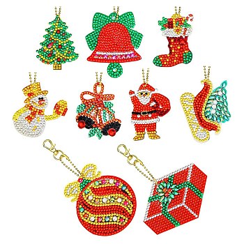 Christmas Theme DIY Diamond Painting Keychain Kit, Including Acrylic Board, Keychain Clasp, Bead Chain, Resin Rhinestones Bag, Diamond Sticky Pen, Tray Plate and Glue Clay, Mixed Shapes, 100x30mm, 9pcs/set