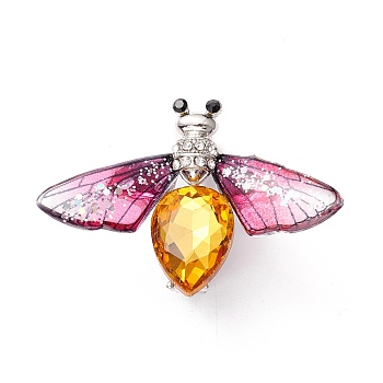 Moth Enamel Pin, Exquisite Insect Alloy Rhinestone Brooch for Women Girl, Platinum, Deep Pink, 32x46x9.5mm, Pin: 0.7mm