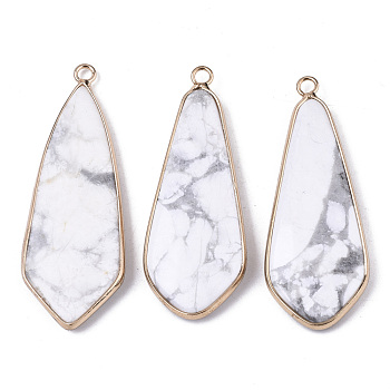 Natural Howlite Pendants, with Light Gold Plated Brass Edge and Loop, Teardrop, 49x18x4.5mm, Hole: 2.5mm