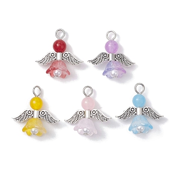 Natural Dyed Malaysia Jade Pendants, Flower Angel Charms with Antique Silver Plated Alloy Wings, Mixed Color, 23x22.5x11mm, Hole: 3mm