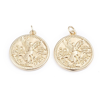 Brass Coin Pendants, with Jump Rings, Long-Lasting Plated, Flat Round & Angel & Word, Real 18K Gold Plated, 23x20.5x2mm, Hole: 3mm