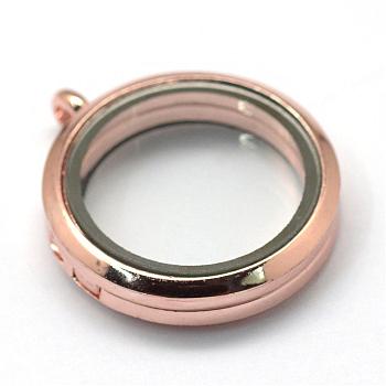 Flat Round Alloy Glass Magnetic Photo Frame Living Memory Floating Locket Pendants, Cadmium Free & Lead Free, Rose Gold, 35.5x30x8mm, Hole: 3.5mm, Inner Measure: 23mm
