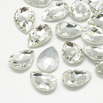 Pointed Back Glass Rhinestone Cabochons, Back Plated, Faceted, teardrop, Crystal, 14x10x4.5mm