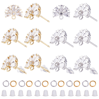 12Pcs 2 Color Brass Pave Clear Cubic Zirconia Flower Stud Earring Findings, with Horizontal Loops & 40Pcs Jump Rings & 50Pcs Plastic Ear Nuts, Platinum & Golden, 15mm, Pin: 0.7mm, 6Pcs/color