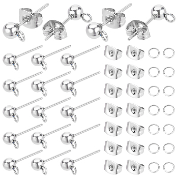 Elite 100Pcs 304 Stainless Steel Ball Stud Earring Findings, with 100Pcs Open Jump Rings and 100Pcs Ear Nuts, Stainless Steel Color, 15x7x4mm, Hole: 1.7mm, Pin: 0.8mm