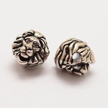 Brass Beads, with Cubic Zirconia, Lion Head, Cadmium Free & Nickel Free & Lead Free, 925 Thailand Sterling Silver Plated, Antique Silver, 10x10x10mm, Hole: 2mm