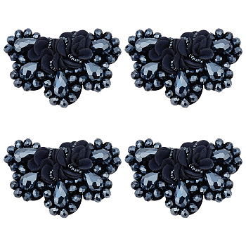 4Pcs Glass Rhinestone Sew on Ornament Accessories, with Felting, Flower, for Shoes, Clothes, Bag Decoration, Black, 50x70x11mm