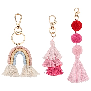 3Pcs 3 Style Rainbow/Pom Pom Tassel Cotton Pendant Decorations, with Alloy Findings, for Women's Bag Keychain Decorations, Mixed Color, 12.5~21.5cm, 1pc/style