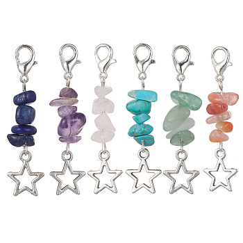 Natural & Synthetic Gemstone Chip Pendant Decoration, with Alloy Lobster Claw Clasps and Star Charm, 47~48mm, 6pcs/set