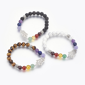 Natural & Synthetic Gemstone Beads Stretch Bracelets, with Natural Mixed Gemstone Beads and 201 Stainless Steel Findings, Chakra, Hamsa Hand/Hand of Fatima/Hand of Miriam, 2 inch(5.1cm)