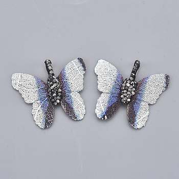 Spray Painted Iron Pendants, Electroplate Natural Leaf, with Polymer Clay Rhinestone, Butterfly, Jet Hematite, Royal Blue, PP11(1.7~1.8mm), 26.5~29.5x30.5~31x4.5~6mm, Hole: 1.5x5mm