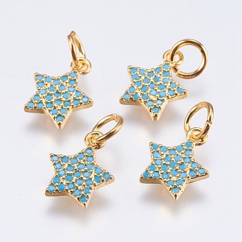 Brass Micro Pave Cubic Zirconia Charms, Cadmium Free & Lead Free, Star, Real 18K Gold Plated, 11x8.5x1mm, Hole: 3mm