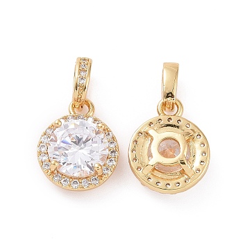 Real 18K Gold Plated Brass Micro Pave Clear Cubic Zirconia Pendants, Flat Round Charms, Clear, 13x11x5mm, Hole: 3x2.5mm