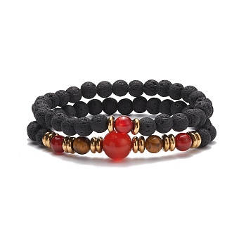 2Pcs 2 Style Synthetic Lava Rock & Natural Red Agate Carnelian(Dyed & Heated) & Tiger Eye Beaded Stretch Bracelets Set, Essential Oil Gemstone Jewelry for Women, Inner Diameter: 2-1/4 inch(5.8cm), 1Pc/style