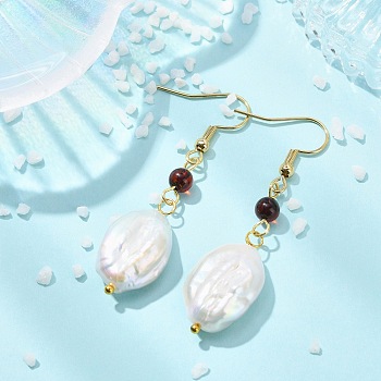 Natural Baroque Keshi Pearl and Natural Amber Dangle Earrings, Nuggets, with 304 Stainless Steel Hooks, Golden, Creamy White, 51x14mm