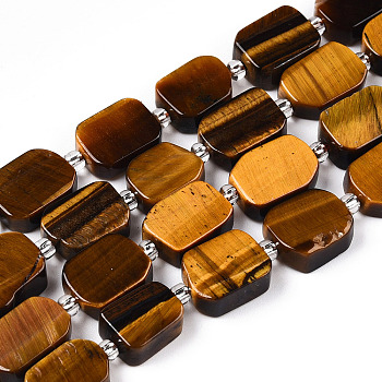 Natural Tiger Eye Beads Strands, with Seed Beads, Rectangle, 11~13x8~10x4~5mm, Hole: 0.9mm, seed beads: 3x3x2, hole: 0.8mm, about 14pcs/strand, 7.80''(19.8cm)