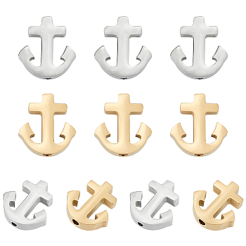10Pcs 2 Colors 304 Stainless Steel Beads, Anchor, Golden & Stainless Steel Color, 14.5x14x3mm, Hole: 1.8mm, 5pcs/color