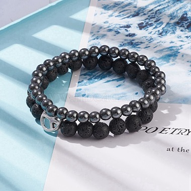2Pcs 2 Style Natural Lava Rock & Synthetic Hematite Round Beaded Stretch Bracelets Set with Alloy Peace Sign(BJEW-JB08311)-2