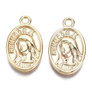 Brass Pendants, Nickel Free, Oval with Virgin Mary, Real 18K Gold Plated, 25x15x4mm, Hole: 2mm(X-KK-T056-35G-NF)